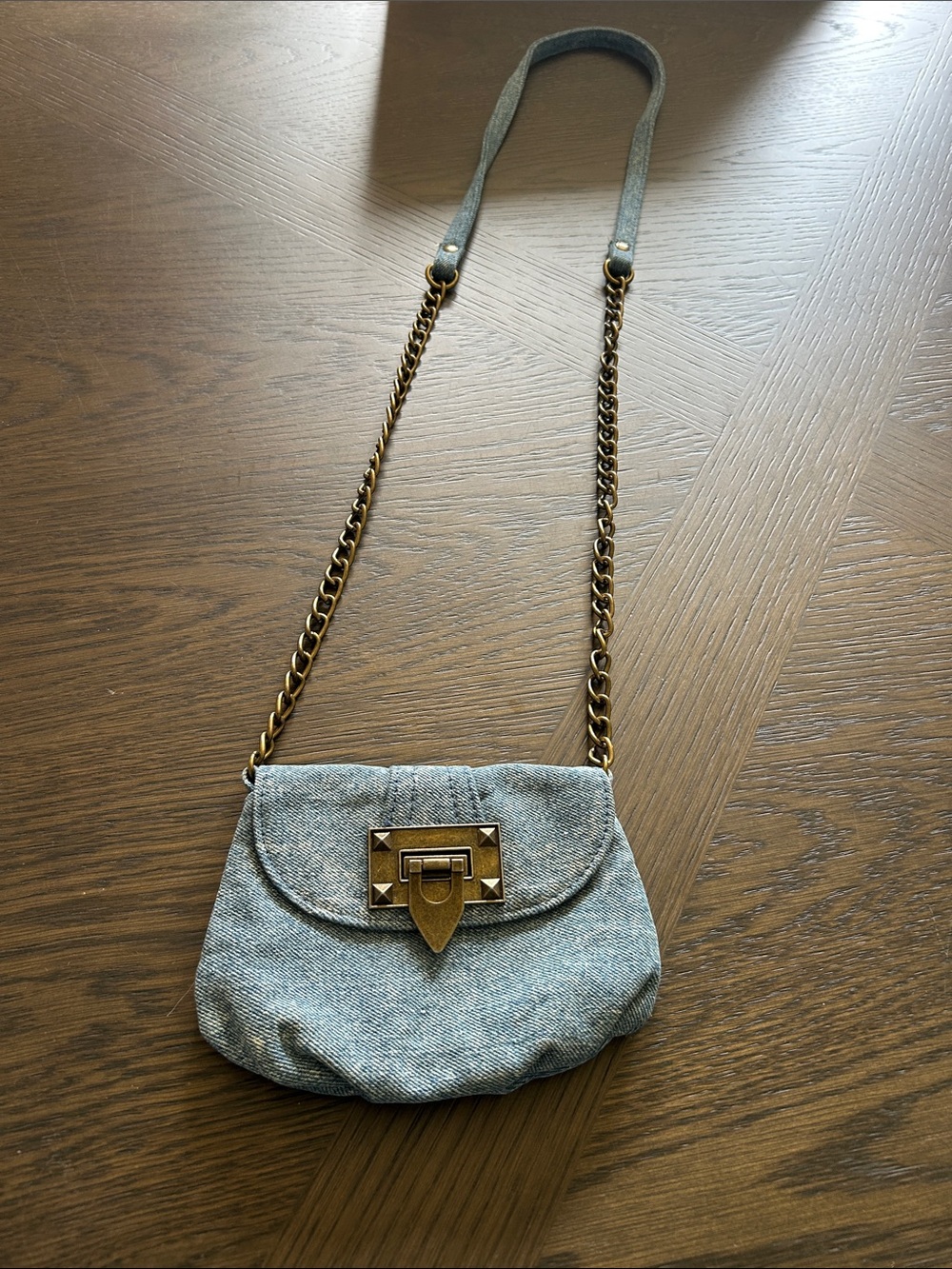 Small Denim Crossbody Bag with Antique Gold Hardware